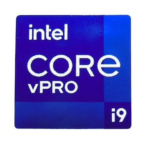 Może przedstawiać: Niebieska naklejka z białym tekstem, który brzmi "intel CORE VPRO i9".
