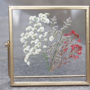 May include: A gold-framed picture with a pressed flower arrangement. The flowers are white, purple, and red.