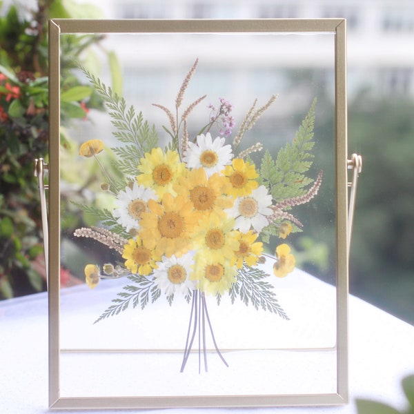 Pressed flower frame, Pressed flower floating Frame, Pressed Dried Flower frame Yellow Daisies Bouquet