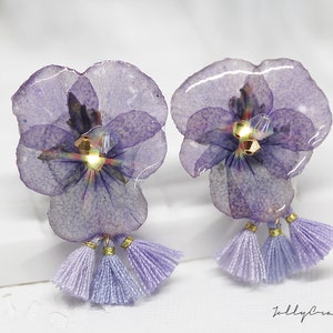 Flower jewelry, flower earrings, Real Natural Pressed Flower UV resin with purple tassel ear studs, Birthday gift for her Bridesmaid Jewelry
