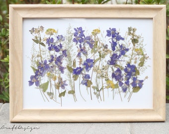 Herbarium Pressed purple Flower Hanging Frame, Nature Dried flower frame, Botanical Floral Wall Decor, Gift for her Birthday Home Decor
