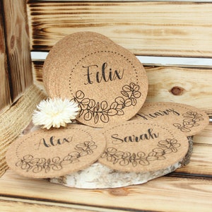 Cork coasters with names, place cards, guest gifts