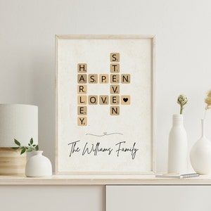 Nombre de familia personalizado Iniciar sesión en crucigrama Scrabble Carta Impresión de azulejos, Arte de pared de póster personalizado, Idea única de regalo de Navidad, Regalos para padres