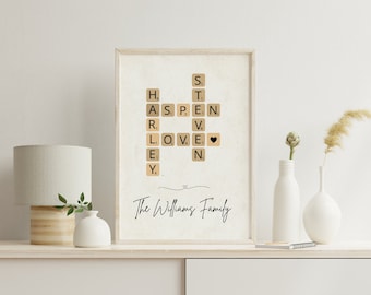 Signe personnalisé de nom de famille dans l’impression de tuile de lettre de Scrabble de mots croisés, art mural d’affiche personnalisé, idée de cadeau de Noël unique, cadeaux pour les parents