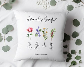 Oreiller personnalisé de jardin de fleurs de naissance | Jardin de grand-mère personnalisé, oreiller de nom de famille personnalisé, cadeau pour grand-mère, cadeau de Noël unique pour maman