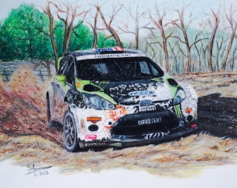 Ken Block Ford Fiesta Monster, pastellkonstverk, målning, teckning av rallybil