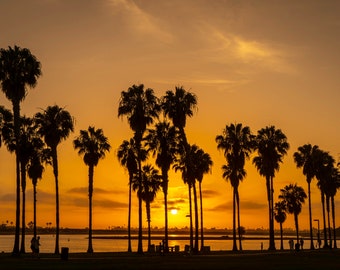 夏のビーチの夕日、サンディエゴのミッションベイ、デジタル写真、夕日
