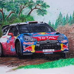 Sebastien Loeb Redbull Citroën DS3 WRC, Rally car pastel painting, rally Art. Digital Download