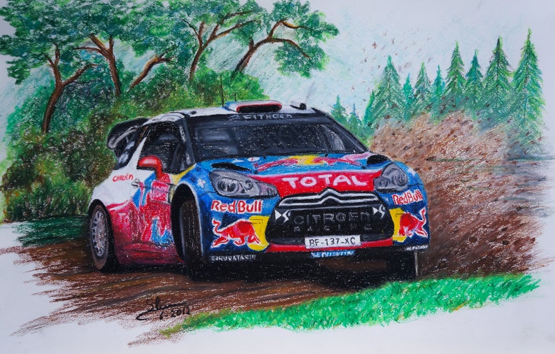 May include: A hand-drawn illustration of a blue and red race car with the words "Total", "Citroen Racing", and "Red Bull" on the side. The car is driving through a forest with green trees in the background.