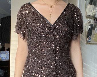 Vintage 1990s Adrianna Papell Beaded Brown V-neck Top