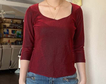 Vintage 1990s Red Sparkly Half Sleeve Top by Forever 21