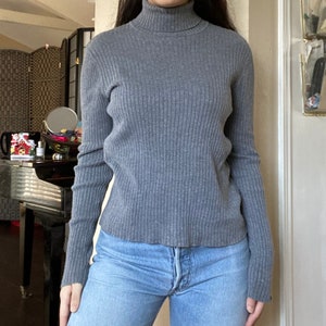 90s Y2K Gray Ribbed Cotton Long Sleeve Turtleneck Top by The Limited