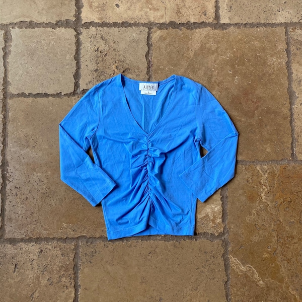 Vintage 90s Blue Ruched 3/4 Sleeve Top by A Byer