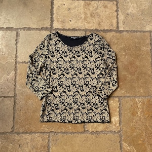 Vintage 90s Black & Gold Print 3/4 Sleeve Top by Brittany Black Petite