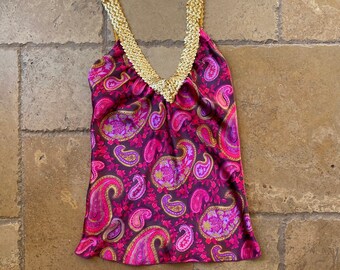 Y2K Pink Paisley Print V-neck Tank Top with Gold Sequins Trim by Twentyone