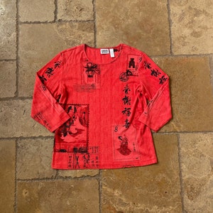 Y2K Red & Black Graphic Print 3/4 Sleeve Top by Chico’s Designs