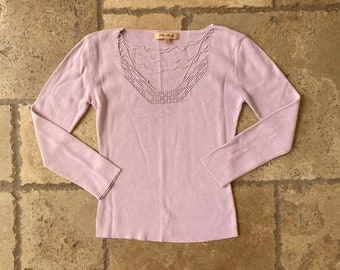 Vintage 90s Pink Ribbed Knit Long Sleeve Top with Bead Detail by Meritage