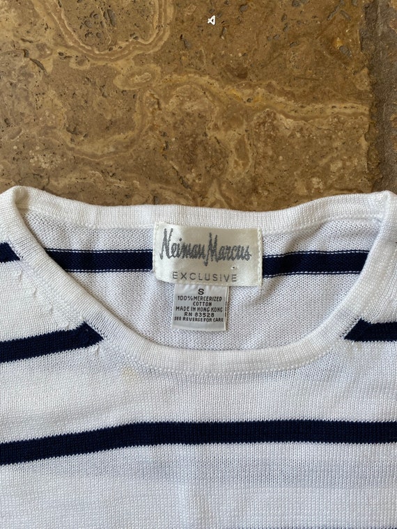 Vintage 90s White & Navy Blue Striped Short Sleev… - image 4