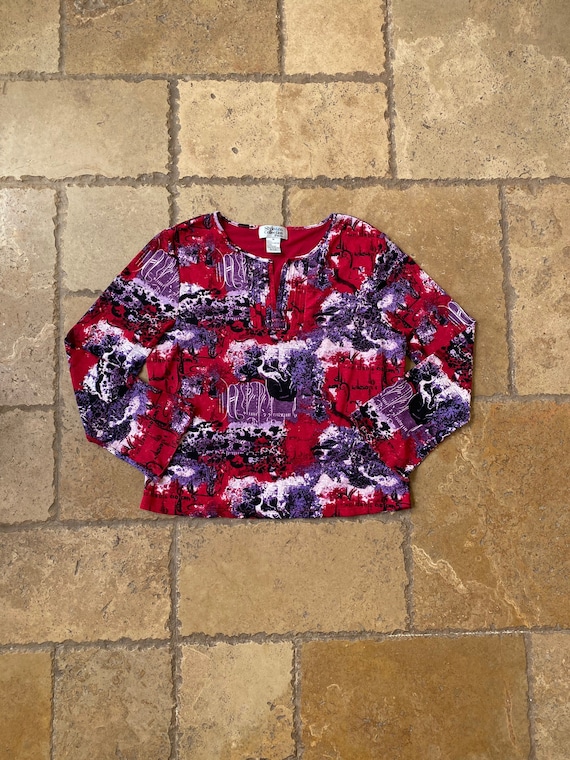 Y2K Red and Purple Mesh Abstract Print Long Sleev… - image 1