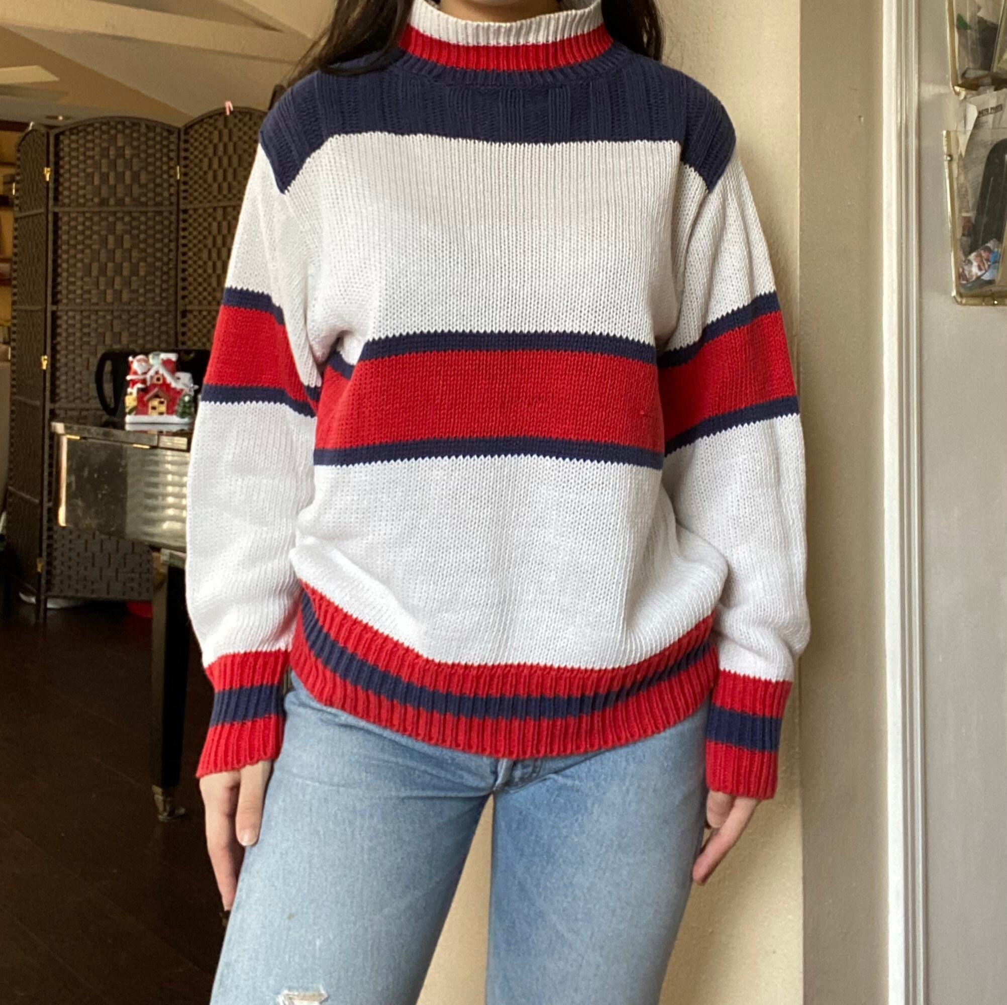 90s Vintage Red White & Blue Knit Mockneck Sweater by Honors - Etsy