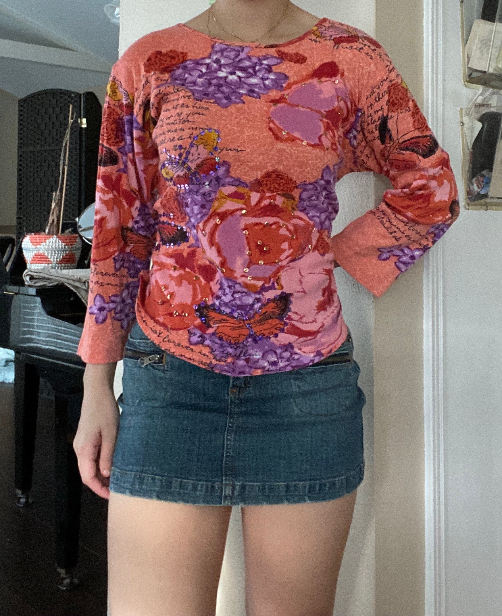 Y2K Pink Floral Butterfly Print 3/4 Sleeve Top by Jane Ashley - Etsy