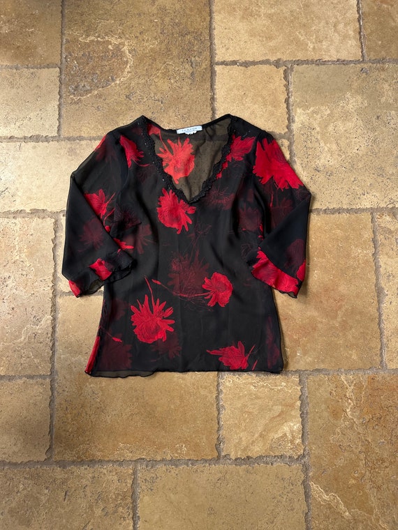 90s Black & Red Floral Sheer 3/4 Sleeve Top by La… - image 2