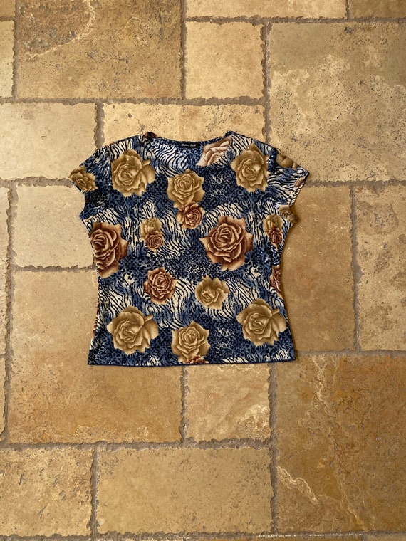 Y2K Blue & Brown Rose Print Short Sleeve Top by B… - image 1