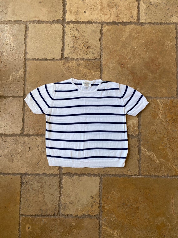 Vintage 90s White & Navy Blue Striped Short Sleev… - image 1