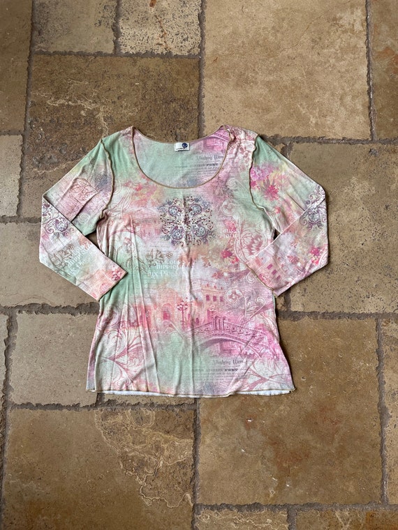 Y2K 90s Pink & Green Graphic Print 3/4 Sleeve Top by One World M-L