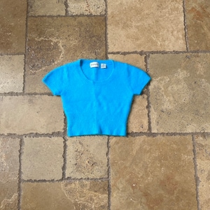 90s Blue Angore Hair Cropped Short Sleeve Knit Top by Accomplice XS