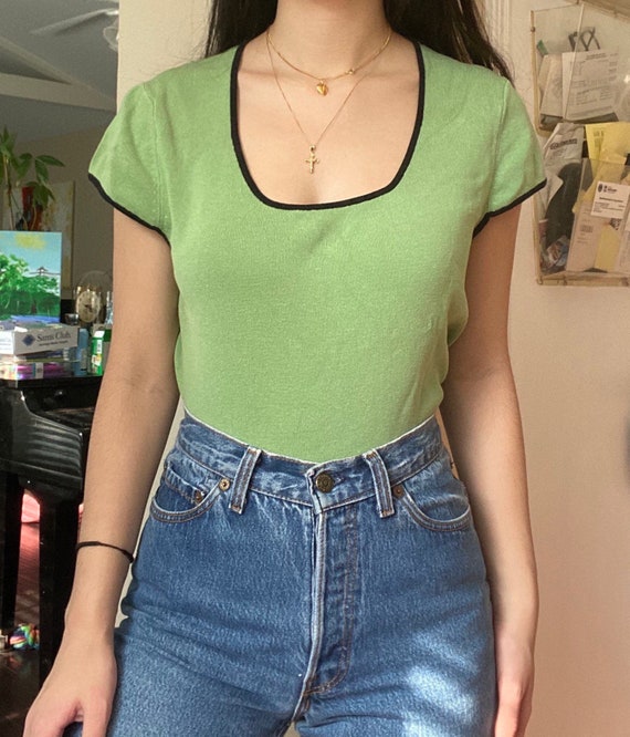 1990s Green Square Neck Top