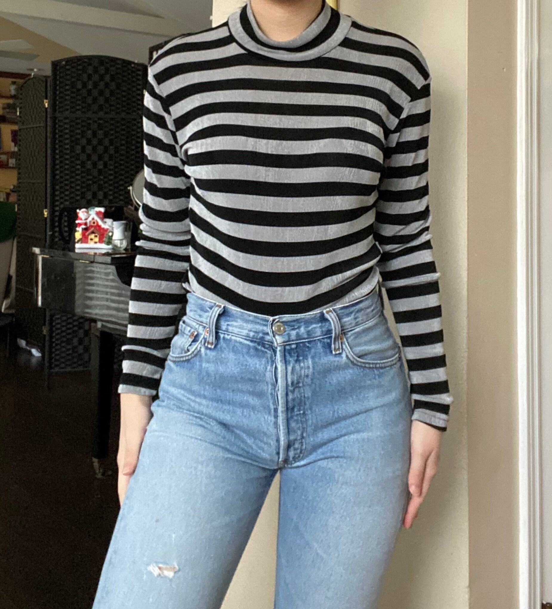 90er Vintage Schwarz & Silber Gestreiftes Mockneck Langarm Top von Poly Fashion USA