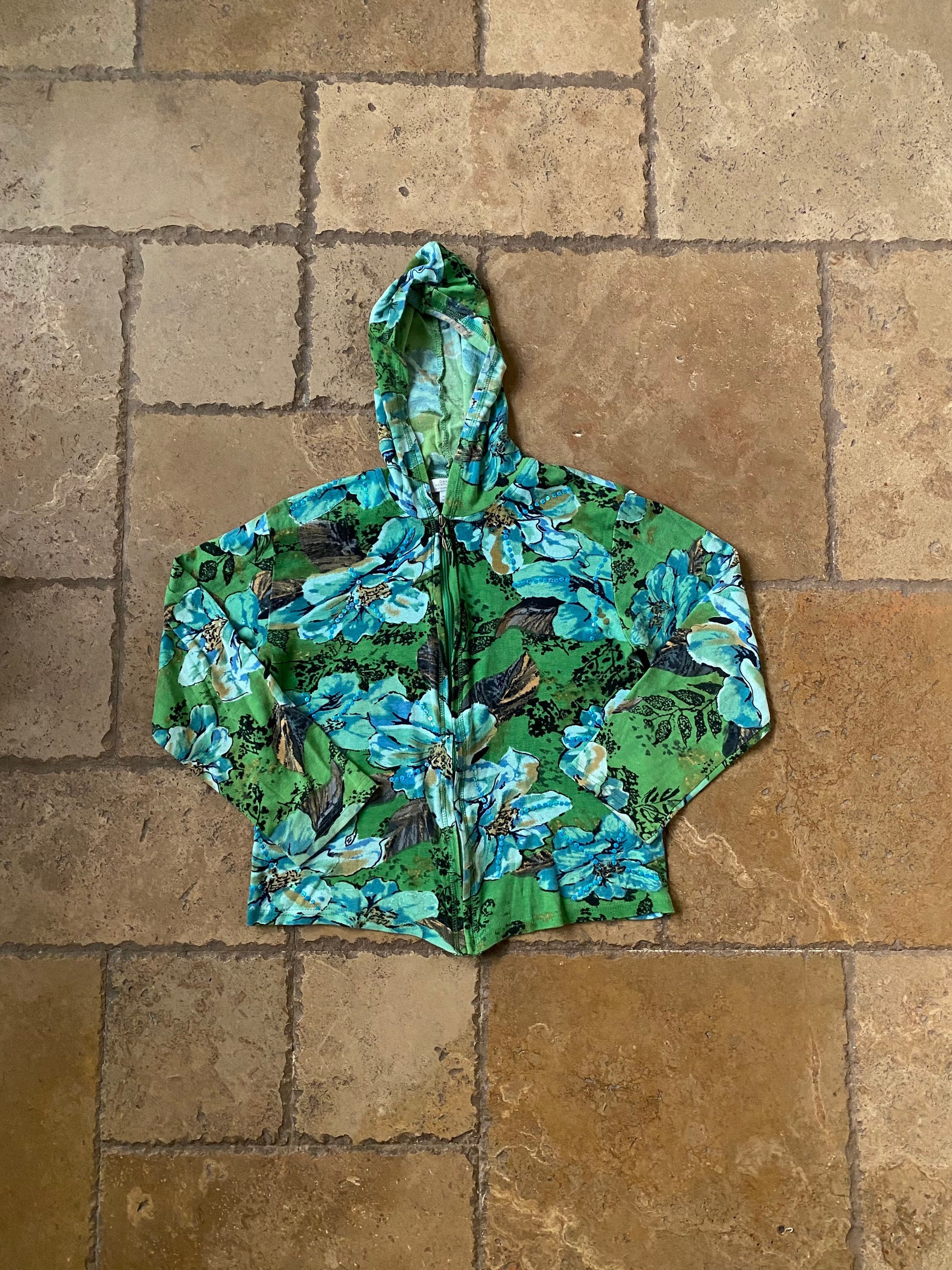 Y2K Green Floral Print Jacket With Hood by Great Northwest