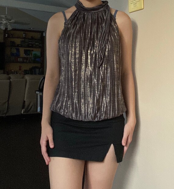 Y2K Gold-Brown High Neck Pleated Top - image 1