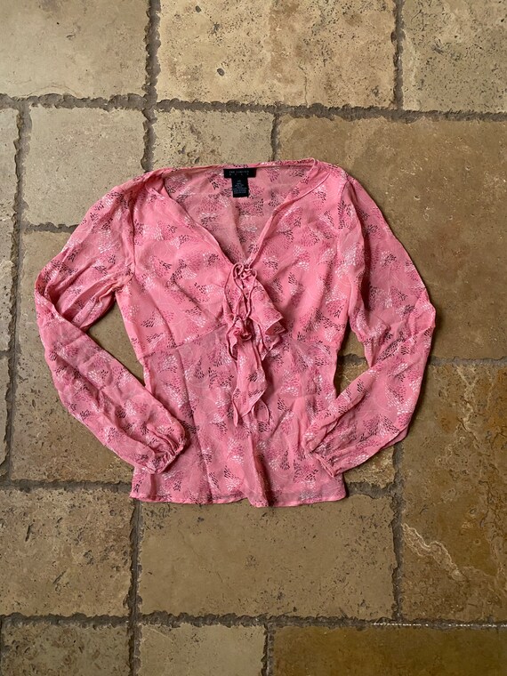 90s Y2K Pink Semi-Sheer Silk Long Sleeve Top by T… - image 2