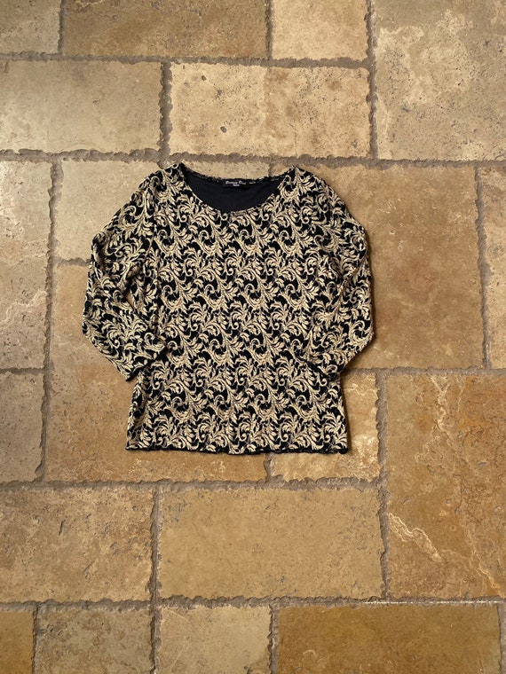 Vintage 90s Black & Gold Print 3/4 Sleeve Top by … - image 1