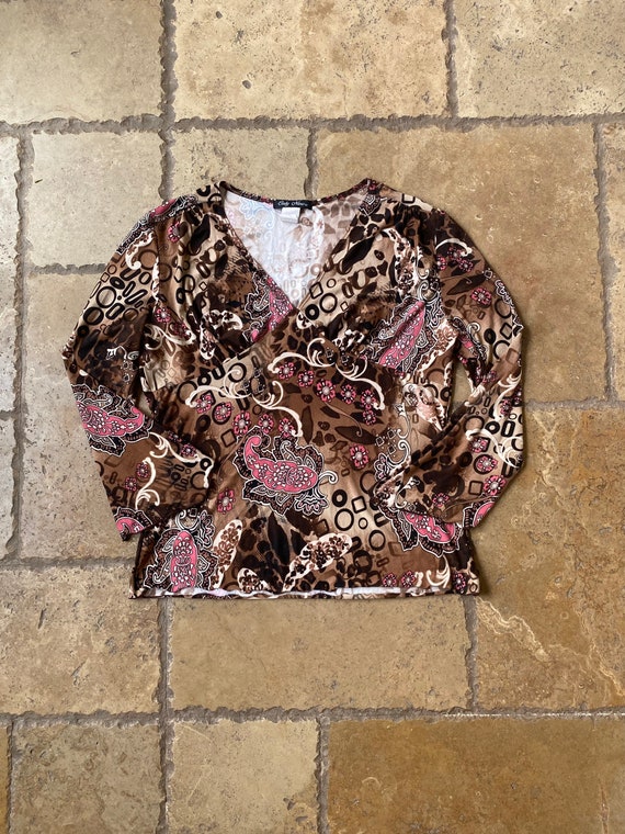 Vintage 90s Brown & Pink Floral Paisley Print Long Sleeve Top by