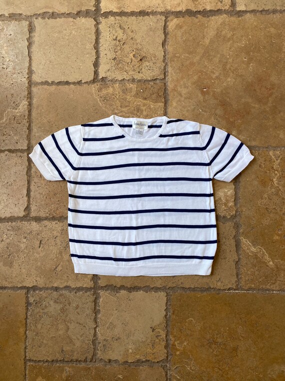 Vintage 90s White & Navy Blue Striped Short Sleev… - image 2