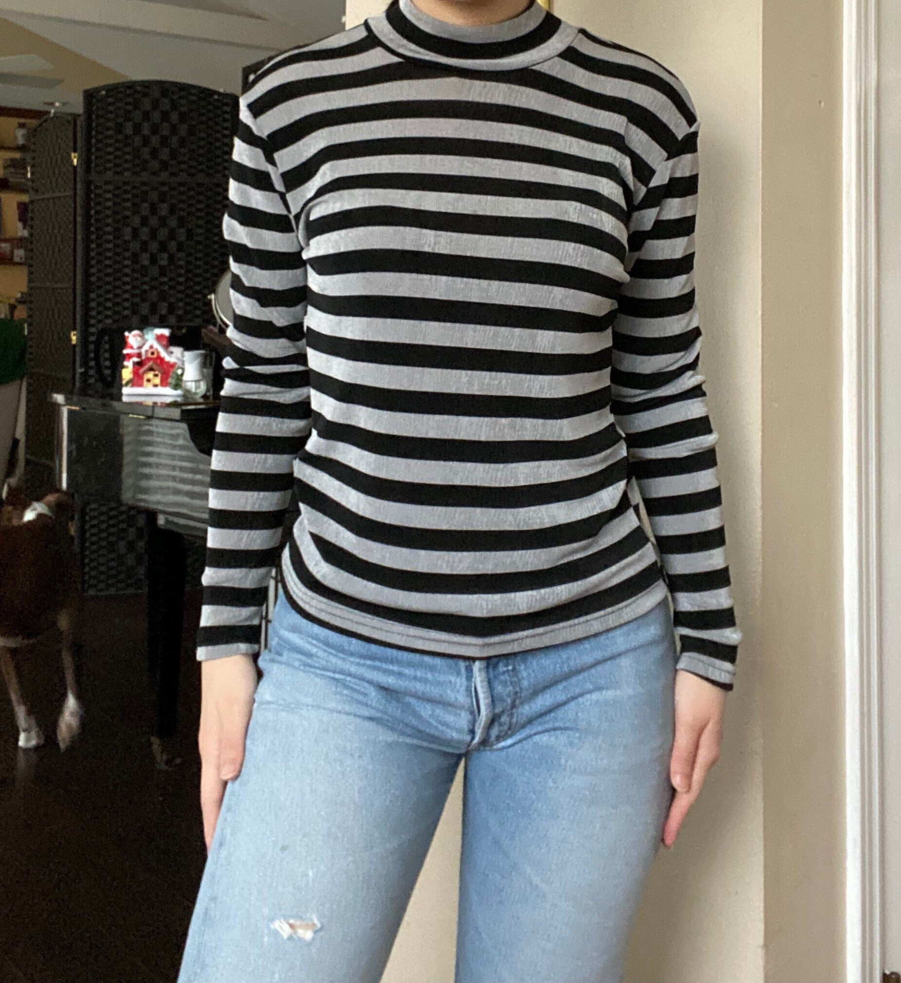 90s Vintage Black & Silver Striped Mockneck Long Sleeve Top