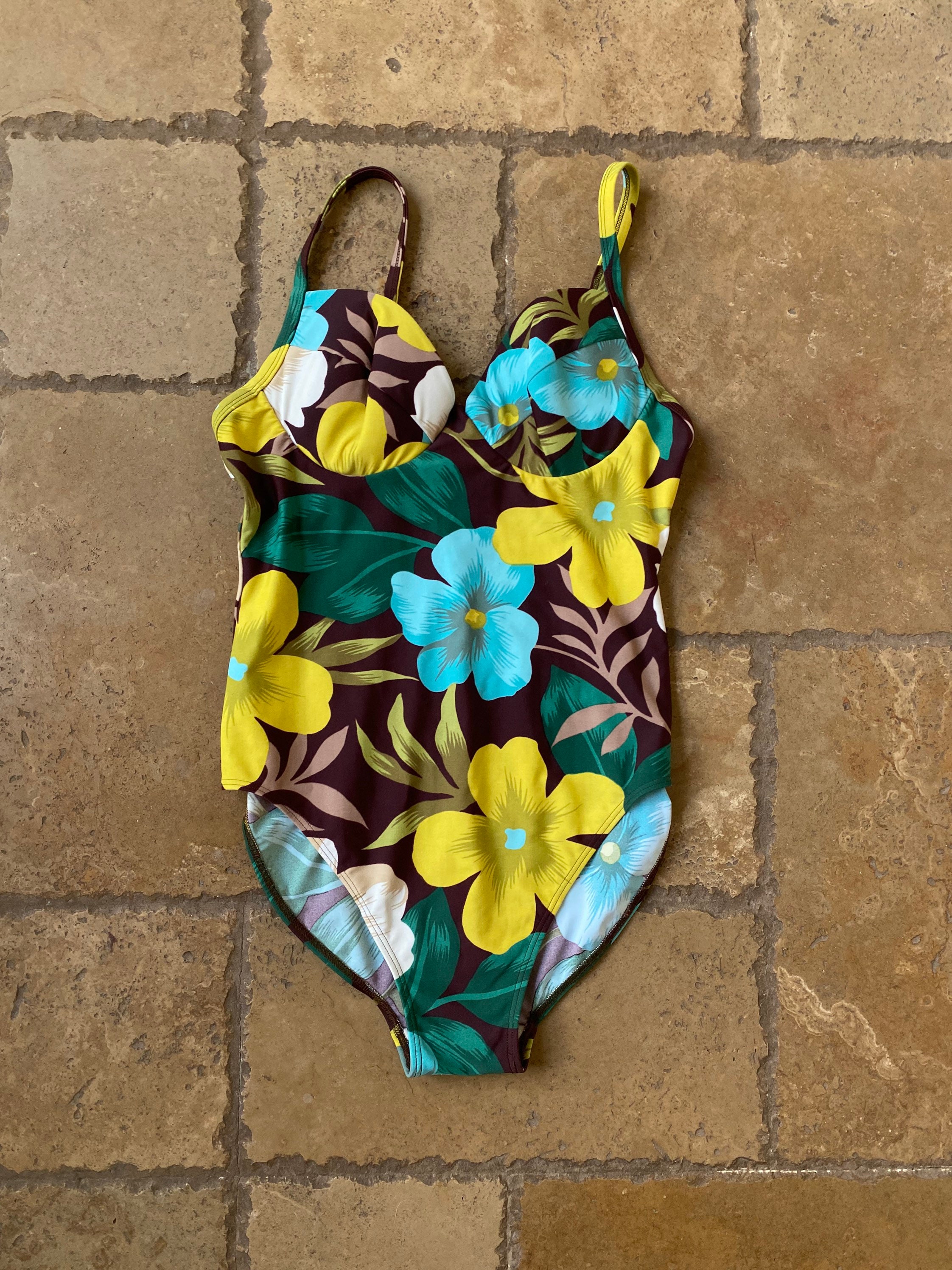 新品　épine rétro flower bi-color swim wear Vintage 80s Neon Tropical Floral OP ART Retro Swimsuit