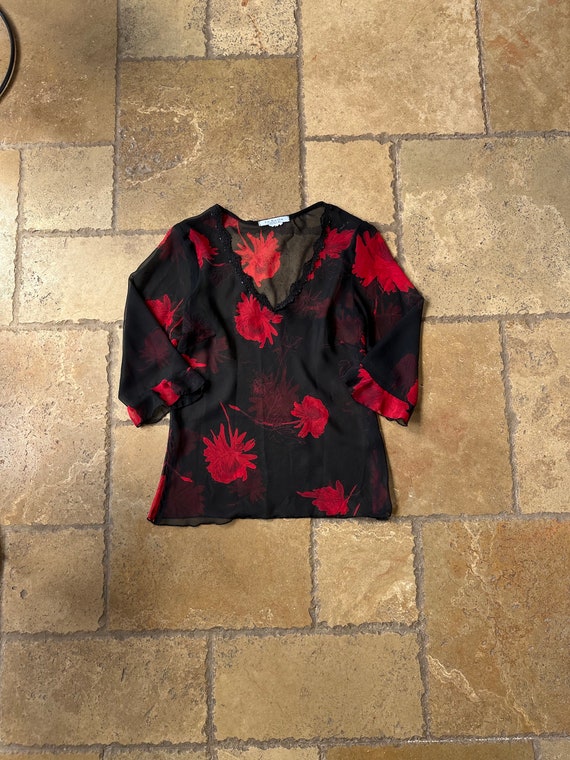 90s Black & Red Floral Sheer 3/4 Sleeve Top by La… - image 1