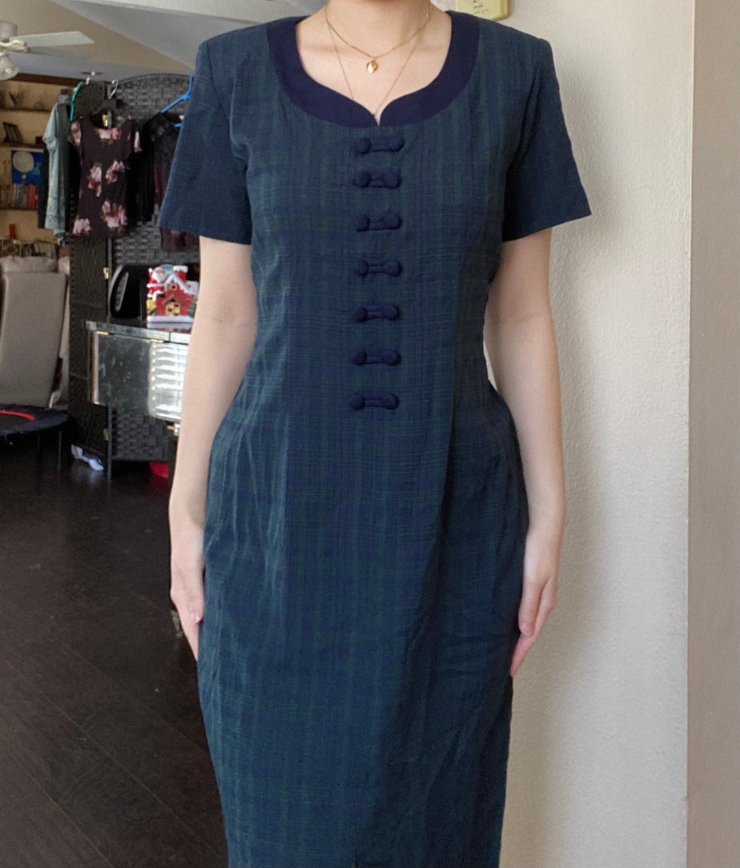 90's Light Green Palm Tree Print Embroidered Midi Dress by Advance Apparel