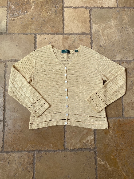 Vintage 90s Tan Crochet Linen Cardigan by Embassy… - image 2