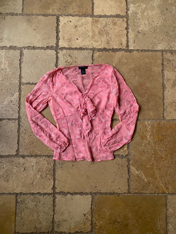 90s Y2K Pink Semi-Sheer Silk Long Sleeve Top by T… - image 1