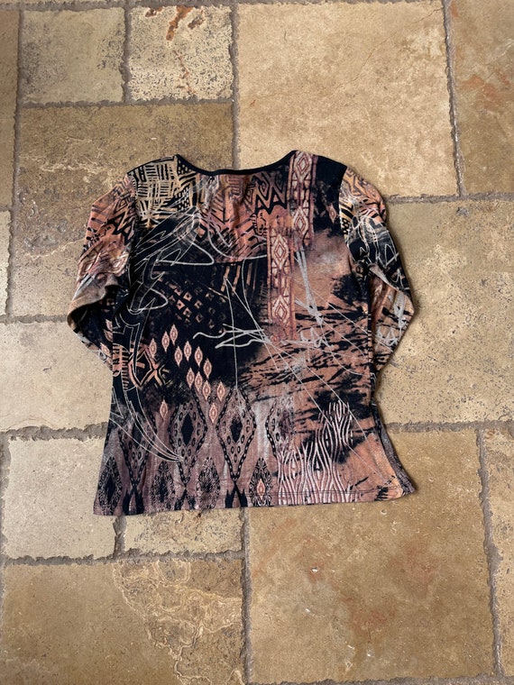 Y2K 90s Black & Brown Abstract Print 3/4 Sleeve T… - image 3