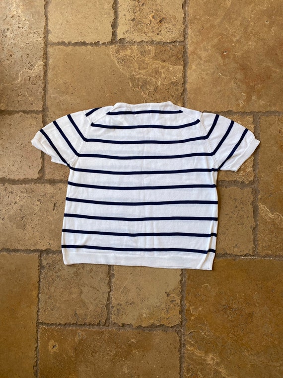 Vintage 90s White & Navy Blue Striped Short Sleev… - image 3