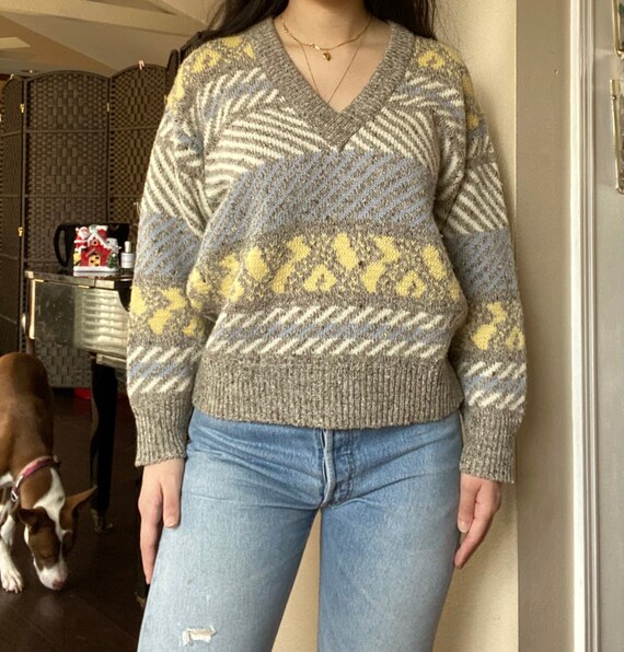90s Vintage Multicolor Patterned Knit Cropped Sweater by Mamut Moden