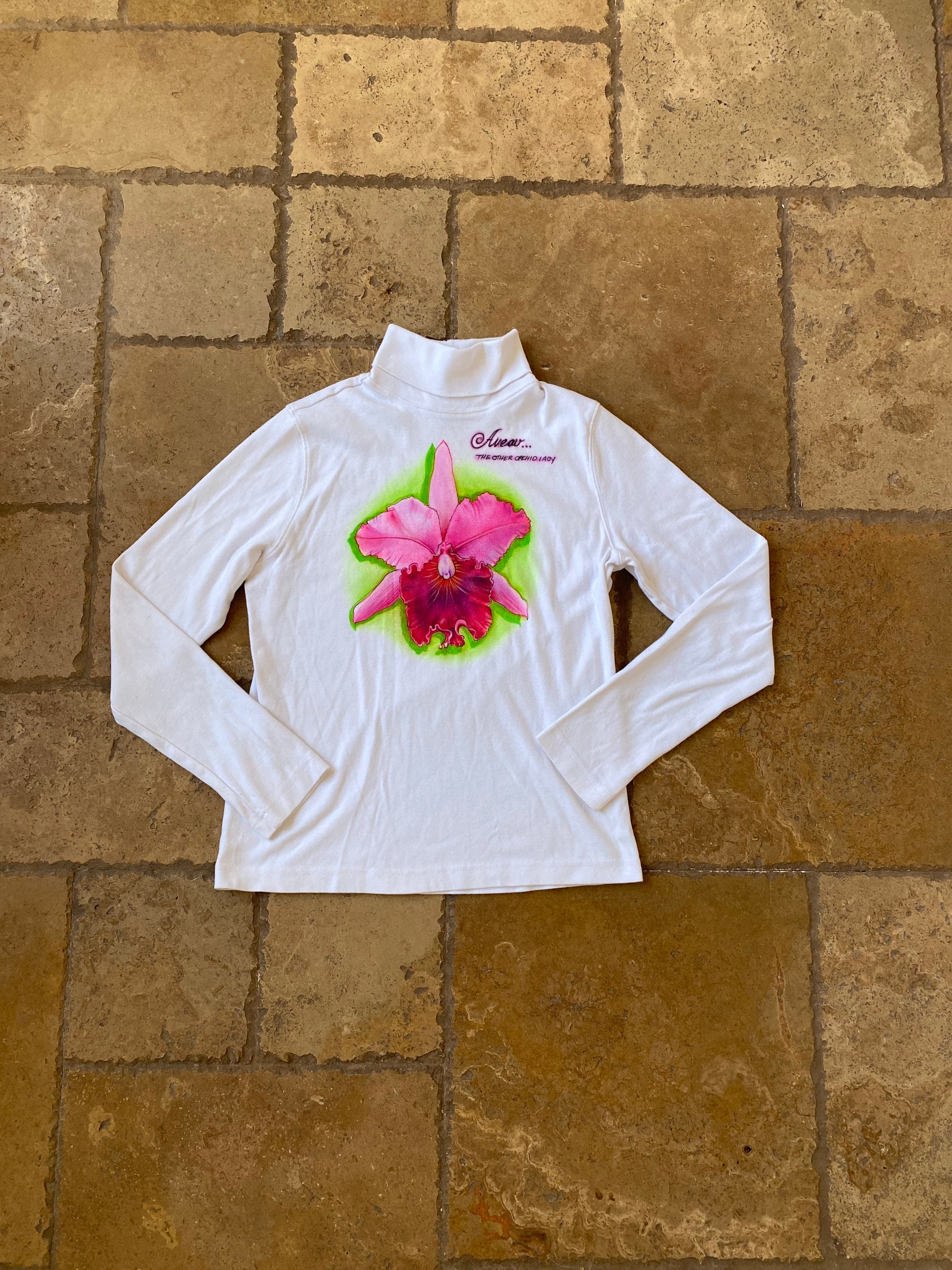 Vintage 90s White Orchid Flower Graphic Turtleneck Top by