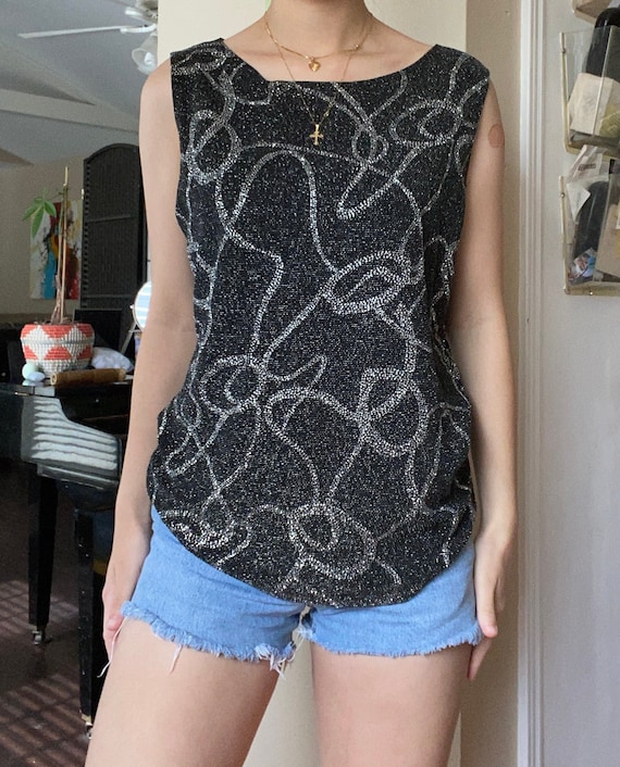1990s Patterned Silver Glitter Tank Top by Dressb… - image 2