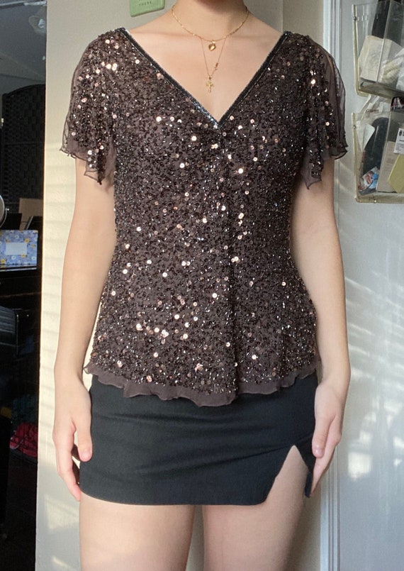 Vintage 1990s Adrianna Papell Beaded Brown V-neck 